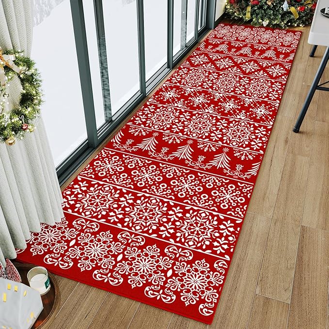 2x8 Runner Rug Red Snowflake Washable Hallway Carpet Xmas Holiday Decor Bedroom Carpet Non Slip Kitchen Mat Indoor Accent Rug Decorative Dining Room Laundry Room Living Room
