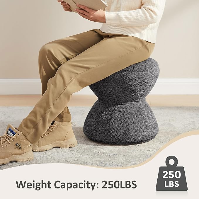 Multi-Functional Boucle Ottoman, Vanity Stool Chair, Sturdy Rotating Wooden Footstool, Suitable for Living Room, Bedroom, and Entryway, Without Installation, Swivel, Dark Grey