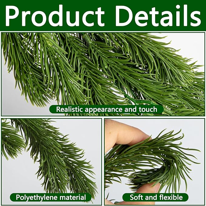 9.8 Ft Christmas Norfolk Pine Garlands, Single Fork Norfolk Pine Realistic Touch Garland, Artificial Pines Greenery Garland for Christmas Table Fireplace Wall Home Decoration