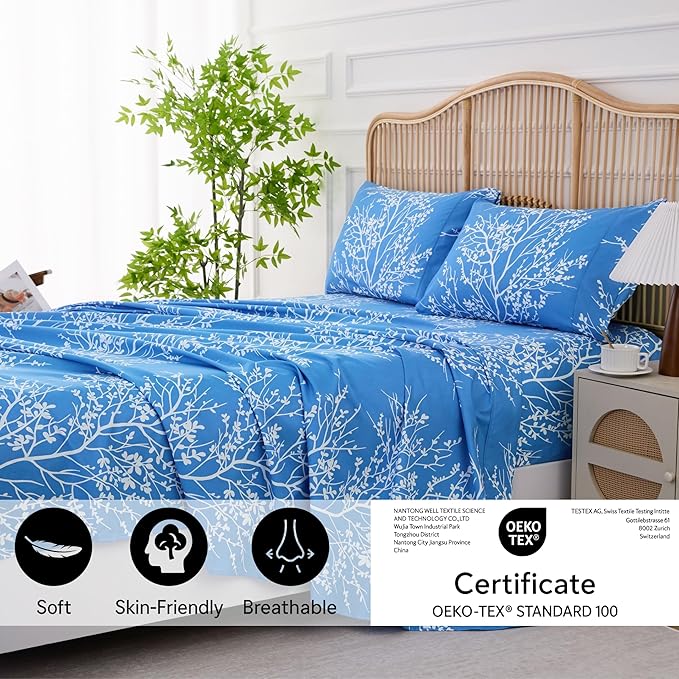 Spirit Linen home King Size Sheets Set - Pure Microfiber 4 Piece Polyester Bed Sheets, Fitted Sheet & Pillow Cases - King Sheets for All Seasons (Foliage Light Blue/White, King)