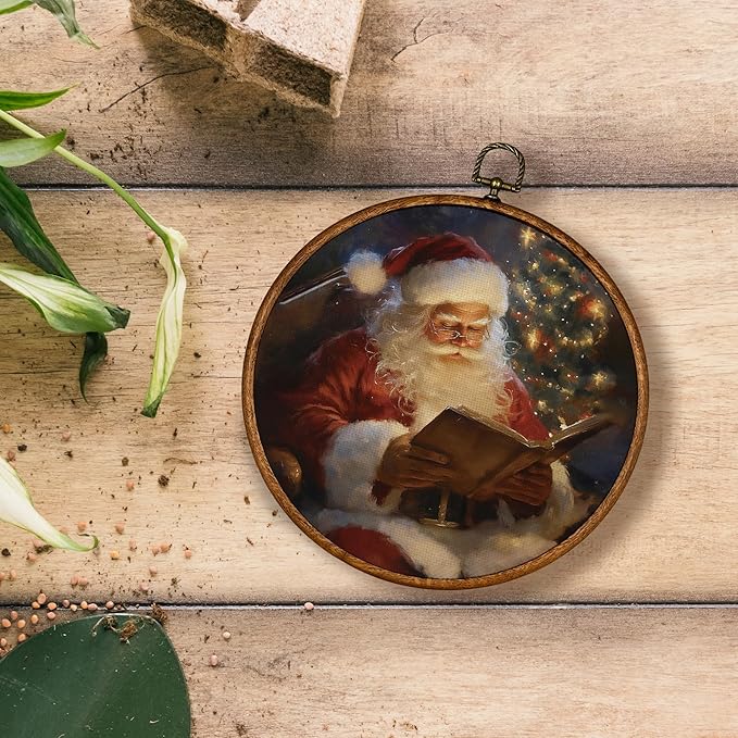 KSDUT Vintage Christmas Wall Decor Art - Retro Santa Claus Wall Art Canvas Frame Hanging Prints, Merry Christmas Xmas Holiday Round Wall Art Decor for Home Farmhouse Decorations 10"x10"