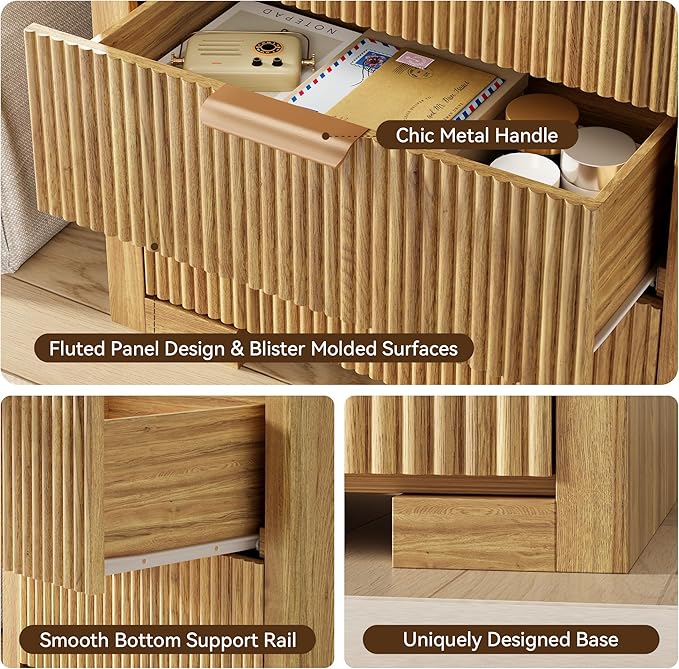 Fluted Nightstand Set of 2 with Charging Station, 23.6" Night Stand with 3 Drawers,End Table with Storage, Bed Side Table for Bedroom,Modern Nightstand for Living Room, Oak