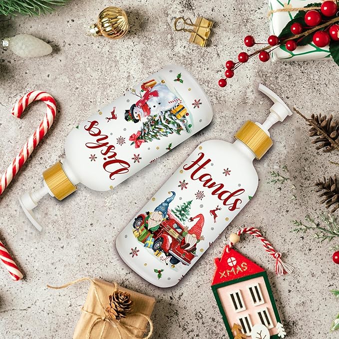 Hexagram Christmas Soap Dispenser Set of 2, Christmas Kitchen Decor, Xmas Gnome Snowman Glass Soap Dispenser for Home Indoor Decorations, Xmas Refillable Lotion Essential Oil Dispensers with Pump