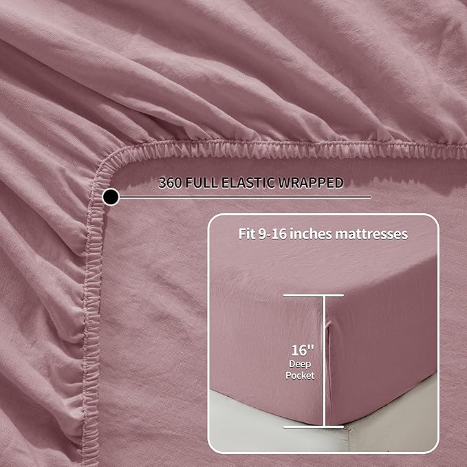 LBRO2M 100% Linen Sheet Set King Size,Bed Sheets 4 Piece Sets,Solid Color Natural Flax Bed Sheets Soft Breathable Bedding,16" Deep Pocket,All Season (King, Embroidery Purple)