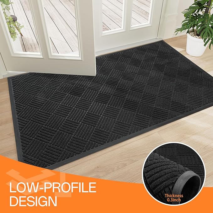 Indoor Outdoor Door Mat, 5’x 3' Doormat for Entryway, Rubber Backing Non Slip Front Door Mat Outside Entrance, Super Absorbent Commercial Floor Mat for Home Office, Black