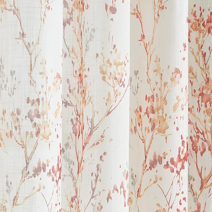 Branch Sheer White Curtains 96inch Long Red Tree Branch Semi Sheer Curtains Panels for Living Room Bedroom Linen Look Multicolor Pattern Textured Window Drapes for Kitchen Grommet Top 2pcs