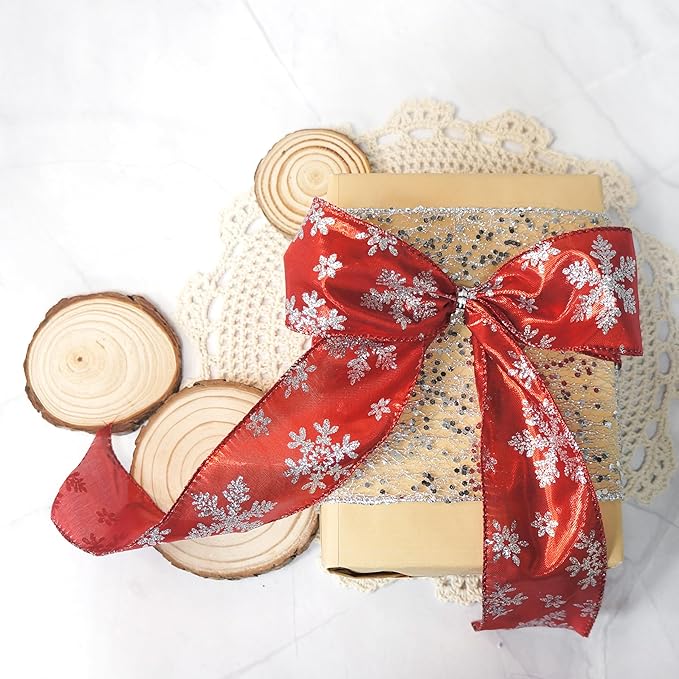 CT CRAFT LLC Red Metallic with Silver Glitter Snowflake Wired Ribbon 2.5 Inch x 25 Yards for Christmas Home Decor Tree Topper Bow Gift Wrapping DIY Crafts Wreath Garland