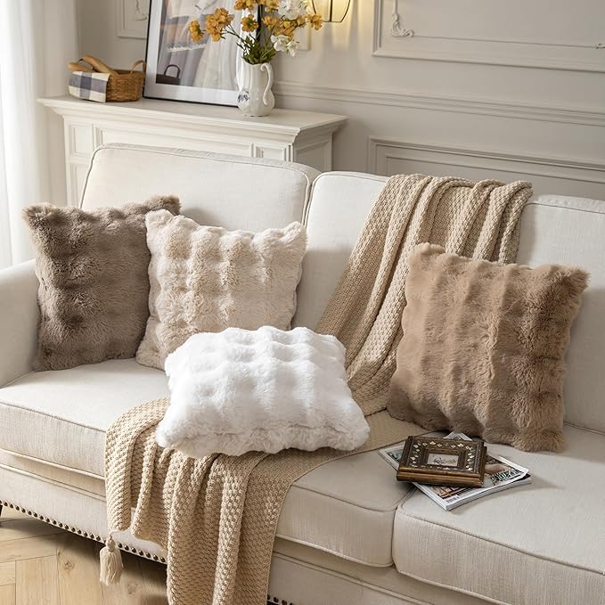 Pack of 2 Thick Plush Throw Pillow Covers Fluffy Wave Faux Fur Decorative Cushion Covers Soft Wool Pillowcase for Sofa Couch Livingroom 16x16 Inch Beige