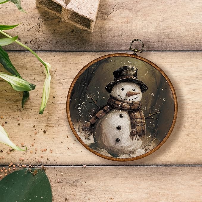 KSDUT Vintage Snowman Wall Decor Art - Retro Christmas Winter Wall Art Canvas Frame Hanging Prints, Merry Xmas Holiday Round Wall Art Decor for Home Farmhouse Decorations 10"x10"