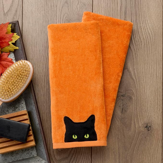 SKL Home Halloween Shadows Eyes 100% Cotton Embroidered 2pc Hand Towel Set, Decorative for Bath/Kitchen/Bar & Gift, Orange