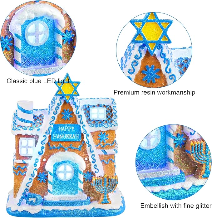 Fovths Hanukkah House Resin Tabletop Decor White and Blue Hanukkah LED Tabletop Decor Hanukkah House Centerpieces for Hanukkah Party Supplies Home Decor