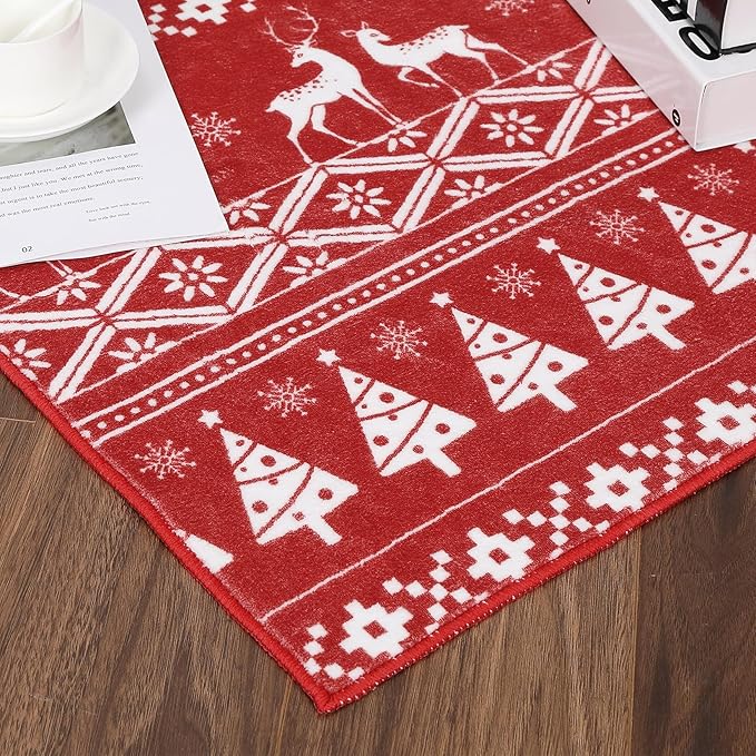 RUGSREAL 8x10 Christmas Area Rug Christmas Tree and Deer Pattern Boho Floor Cover Machine Washable Indoor Carpet Rug Decorative Non Slip Accent Rug for Kitchen Bathroom Living Room Bedroom