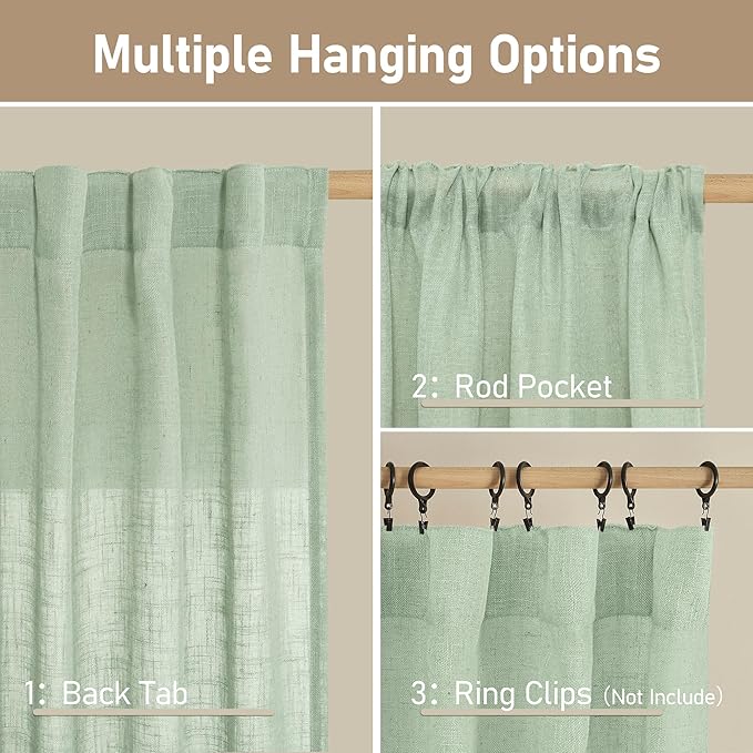 LAMIT Linen Curtains for Living Room, 84 inch Length, Light Filtering Semi Sheer Panels, Back Tab and Rod Pocket, Fresh Green, 52 x 84 Inch