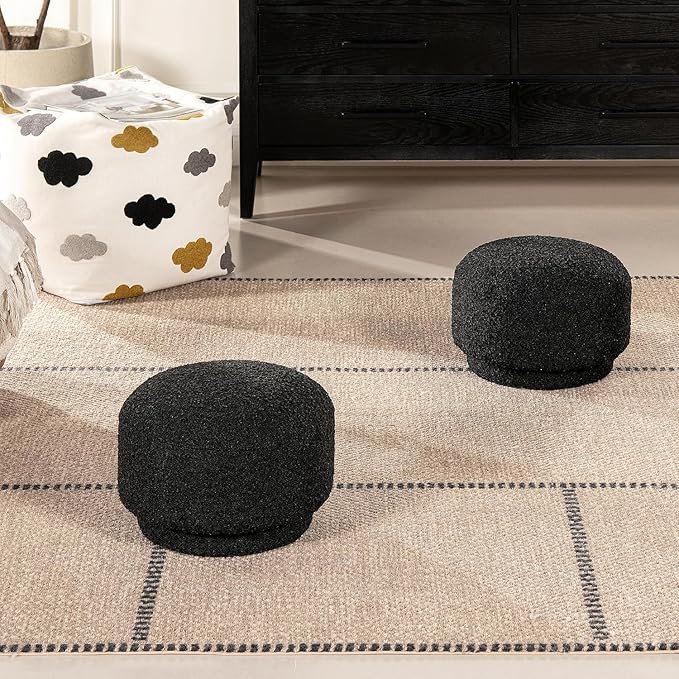 15" Small Foot Stool Ottoman Cute Foot Rest Round Mushroom Ottomans Modern Boucle Footstool Shoe Stool for Couch for Living Room Bedroom Entrance Black