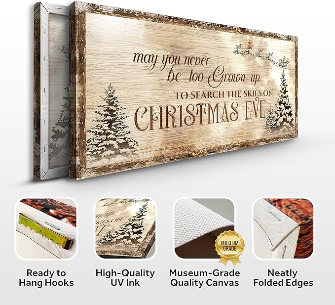 Tailored Canvases Christmas Sign Merry Christmas Sign Large Wall Decor for Indoor, Playroom, Fireplace, Living room and, Bedroom | May You Never Be Too Grown Up to Search the Skies on Christmas Eve.