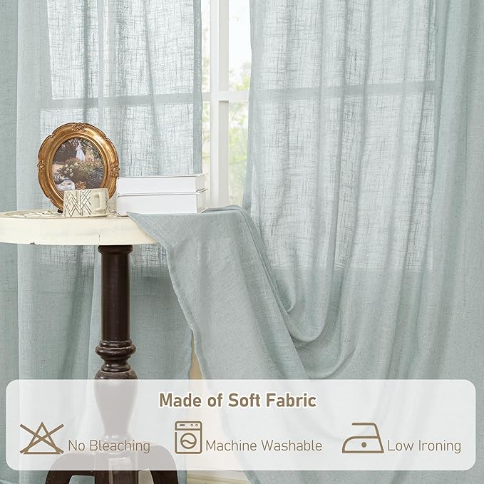 LAMIT Greyish Blue Linen Boho Curtains 84 inch Length 2 Panels, Light Filtering Semi Sheer Panels Back Tab and Rod Pocket Neutral Drapes for Bedroom/Living Room, 34 x 84 Inch