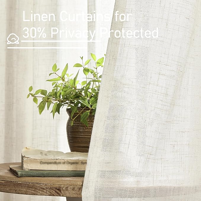 LAMIT Ivory 90 Inches Long Linen Sheer Curtains for Living Room, Back Tab and Rod Pocket Nautral Curtains Light Filtering Boho Panels for Bedroom/Dining Room, Set of 2, 52 x 90 Inch