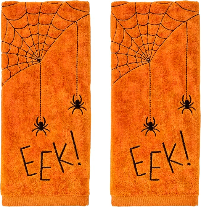 SKL Home Halloween Eek 100% Cotton Embroidered 2pc Hand Towel Set, Decorative for Bath/Kitchen/Bar & Gift, Orange
