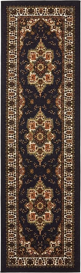 Antep Rugs Alfombras Oriental Traditional 2x10 Non-Skid (Non-Slip) Low Profile Pile Rubber Backing Indoor Area Runner Rugs (Black, 2' x 10')