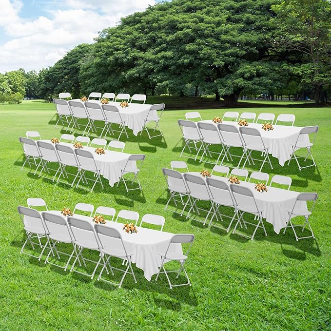 50 Pack Plastic White Folding Chairs with 350-LBS Capacity, Lightweight Portable Indoor Outdoor Chairs, Stackable Commercial Seat with Steel Frame for Office, Party, Graduations, Kitchen