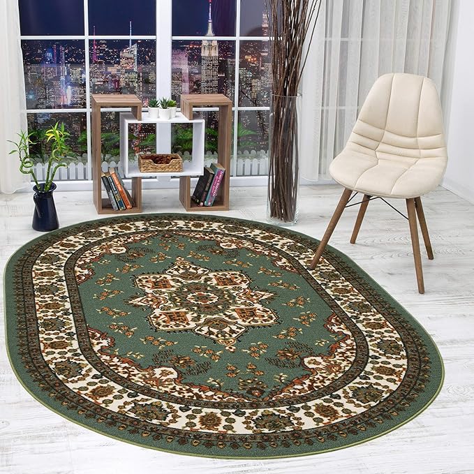 Antep Rugs Alfombras Oriental Traditional 5x7 Non-Skid (Non-Slip) Low Profile Pile Rubber Backing Indoor Area Rugs (Green, 5' x 7' Oval)