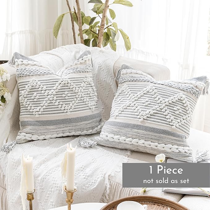 BlissBlush Gray Cream White Boho Throw Pillow Cover 20X20, Boho Woven Textured Pillow Cover, Neutral Pillow Cover, Sofa Couch Bed Farmhouse Lumbar Pillow (Cover ONLY)