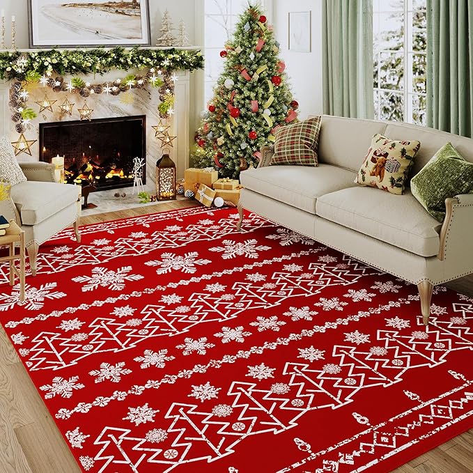 Christmas Area Rug 5x7 Red Washable Kitchen Carpet Xmas Snowflake Holiday Decor Indoor Throw Rug Decorative Living Room Non Slip Soft Low Pile Bedroom Dining Room Office Nursery Bathroom