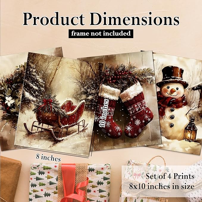 DOFQZ Vintage Christmas Wall Art Prints Set of 4, Rustic Red Christmas Decor, Farmhouse Holiday Winter Red Sleigh Stocking Wreath Snowman Posters for Home Living Room Bedroom Decor, 8x10 Unframed