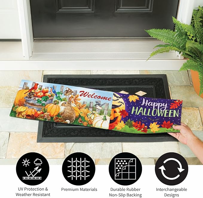 Evergreen Sassafras Fall Christmas Holiday Doormat Insert Bundle & Tray Set of 5, Interchangeable Entrance Door mats Indoor and Outdoor Welcome Mat 30 x 18 Tray Non Slip Backing Low Profile
