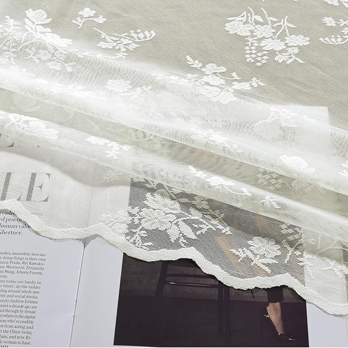 Sheer Lace Curtains 84 Inches Long, Vintage Floral Light Filtering Ivory Lace Curtains for Living Room & Bedroom, Rod Pocket, 2 Panels Set, Tiny Flower Pattern (Ivory, 52" W x 84" L)