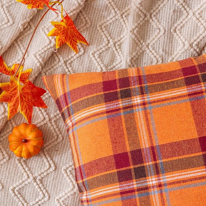 Fall Plaid Orange Red Throw Pillow Covers 18x18 Inch, Set of 2 Autumn Decorative Throw Pillows for Couch Sofa Bed Living Room Home Decor, Accent Pillow Cases for Farmhouse Couch Cushion Covers