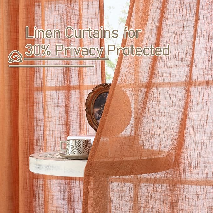 LAMIT Burnt Orange Linen Curtains 90 Inch for Living Room, Back Tab and Rod Pocket Linen Textured Farmhouse Curtains Light Filtering Drapes for Bedroom/Dining Room, Set of 2, 52 x 90 Inch