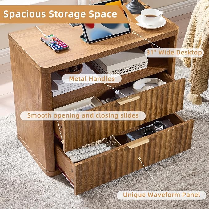 LEYAOYAO 31" Wide Fluted Nightstand with Charging Station, Oversized Extra Large 2 Drawers Night Stand,Brown Wood Bedside Table,Tall Bed Side End Tables,Modern Chest of Drawers Dressers for Bedroom