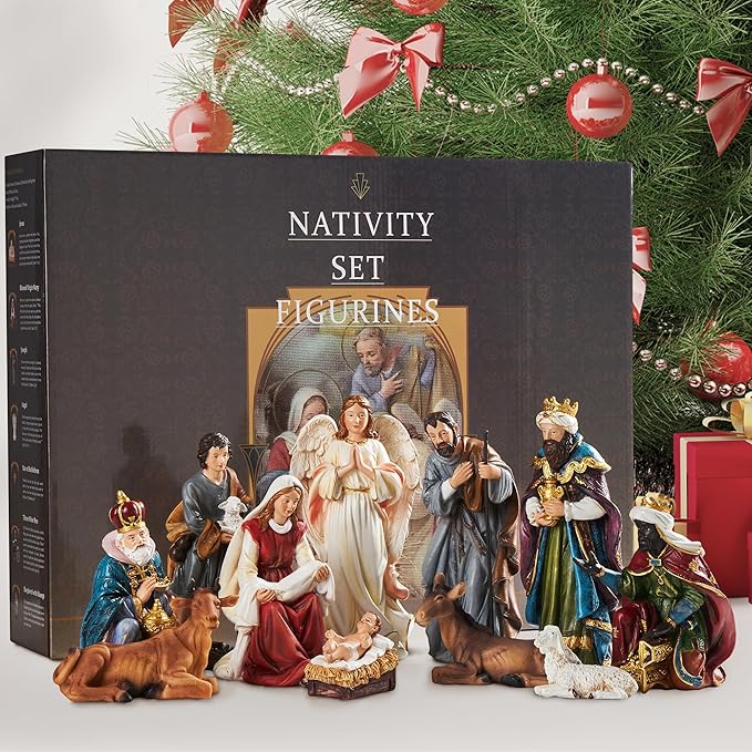 TOETOL Nativity Sets for Christmas Indoor Set of 13 Pieces 7.9 Inch Tall Resin Holy Family Scene Figurine Ornament Religious Christmas Table Decorations Collection Gifts Holidays Decor