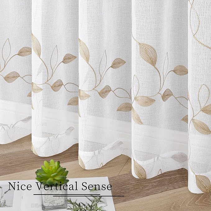 Tollpiz Taupe Leaf Sheer Curtains Leaves Embroidered Living Room Short Curtain Rod Pocket Voile Window Treatments for Bedroom, 54 x 45 inches Long, Set of 2 Panels