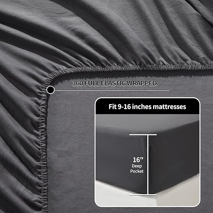 LBRO2M 100% Linen Sheet Set California King Size, Bed Sheets 6 Piece Sets,Solid Color Natural Flax Bed Sheets Soft Breathable Bedding,16" Deep Pocket,All Season (Cal King, Dark Grey)