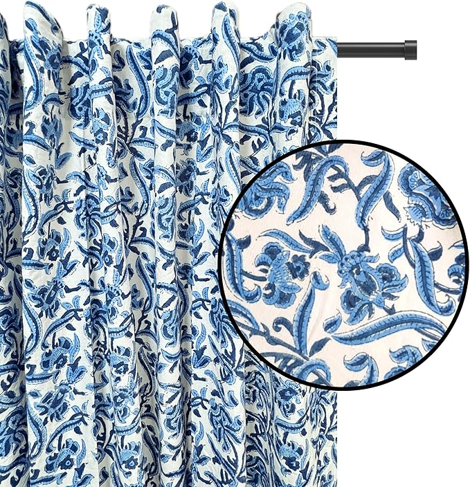 ATOSII 100% Cotton Single Panel Block Print Curtain, Easy Hanging with Rod Pocket & Loop, Living Room, Dining Room, Bedroom Light Filtering Boho Curtains, Set of 1, 60" W X 96" L, Midnight Bloom