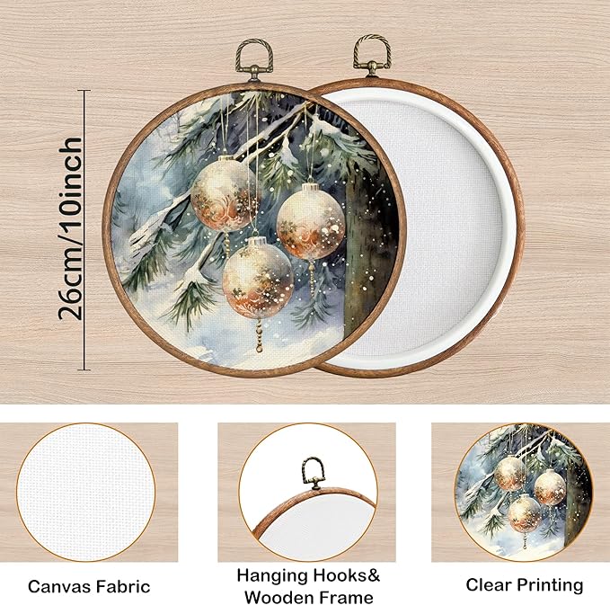 KSDUT Christmas Wall Decor Art - Winter Woodland Xmas Wall Art Canvas Frame Hanging Prints, Vintage Pine Tree Holiday Landscape Round Wall Art Decor for Home Farmhouse Decorations 10"x10"