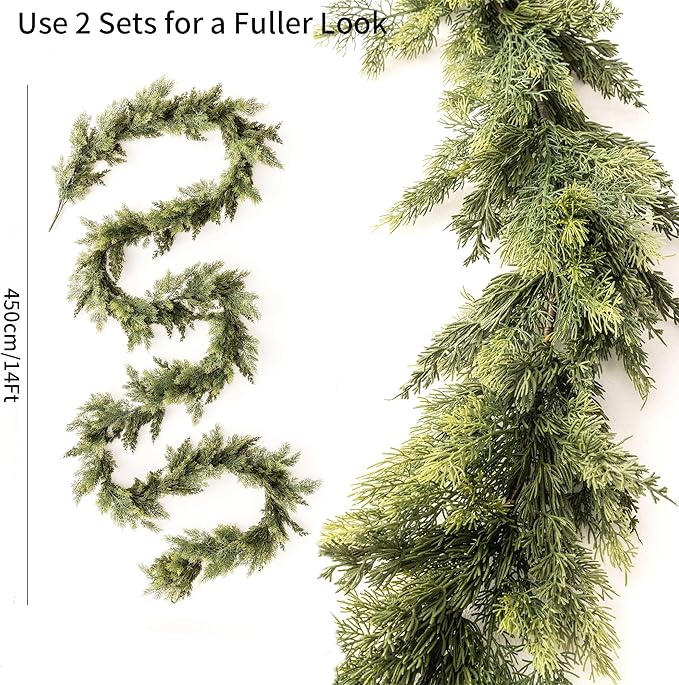15ft Handmade Christmas Garland,Artificial Cedar Pine Needles Greenery Seasonal Garland for Christmas Fireplace Winter Holiday Indoor Outdoor Decoration