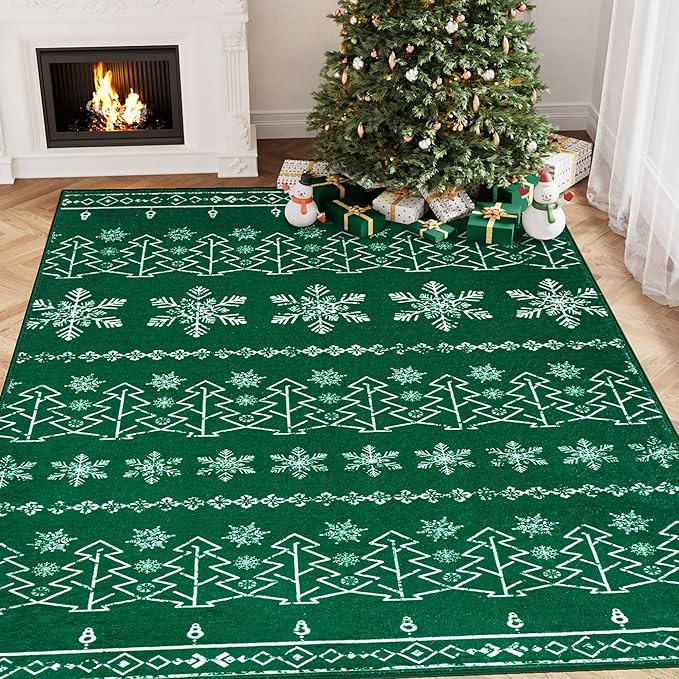 Christmas Green Area Rug 8x10 Washable Living Room Carpet Xmas Snowflake Holiday Decor Indoor Bedroom Throw Rug Decorative Non Slip Soft Low Pile Large Carpet Dining Room Office Nursery