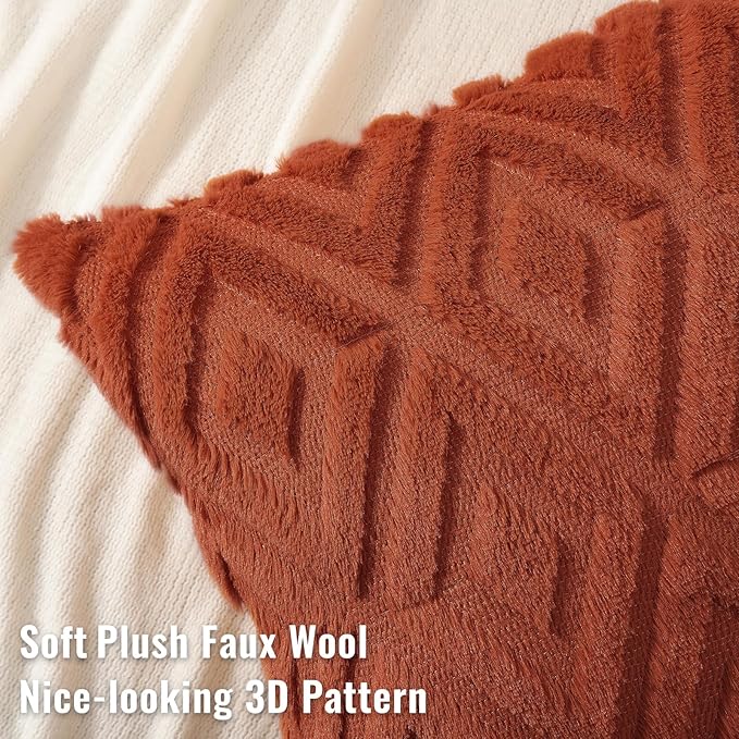 decorUhome Fall Couch Throw Pillow Covers 12x20 Set of 2, Decorative Soft Plush Faux Wool Lumbar Neutral Accent Pillow Covers for Bed Sofa Living Room, Rust