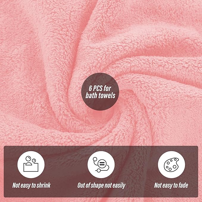 MOONQUEEN 6 Pack Premium Bath Towel Set - Quick Drying - Microfiber Coral Velvet Highly Absorbent Towels - Multipurpose Use as Bath Fitness, Bathroom, Shower, Sports, Yoga Towel (Pink)