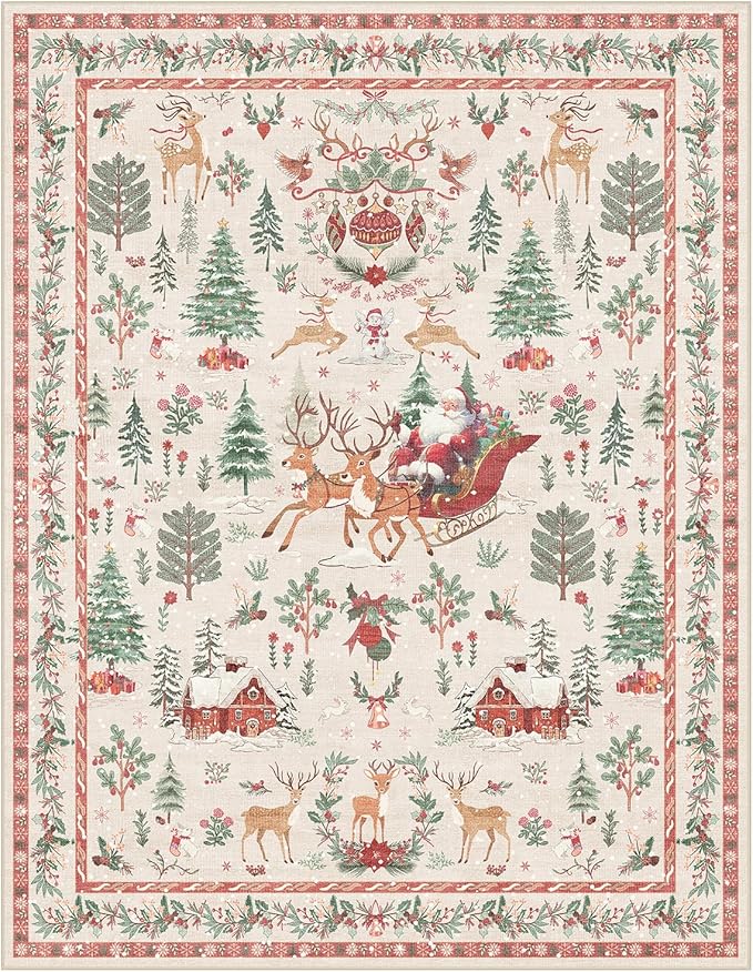 Lahome Christmas 8x10 Living Room Area Rug, Soft Christmas Tree Large Washable Rug for Bedroom, Non Slip Low Pile Indoor Floor Carpet for Home Office Xmas Holiday Decor, Beige