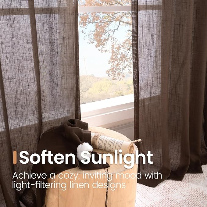 BGment Linen Curtains 90 Inch Length for Living Room, Semi Sheer Brown Long Window Drapes Rustic Textured for Farmhouse Beroom Dining Room Decor Rod Pocket Lightweight, 2 Panels Set, Each 52 Inch Wide