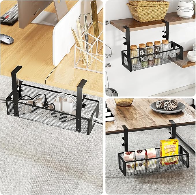 DELAMU Under Desk Cable Management Tray - Cable Management Tray No Drill with F-Clamp Design, Metal Mesh Cord Organizer, Sturdy Wire Organizers for Cords for Home Office Standing Desk, Black