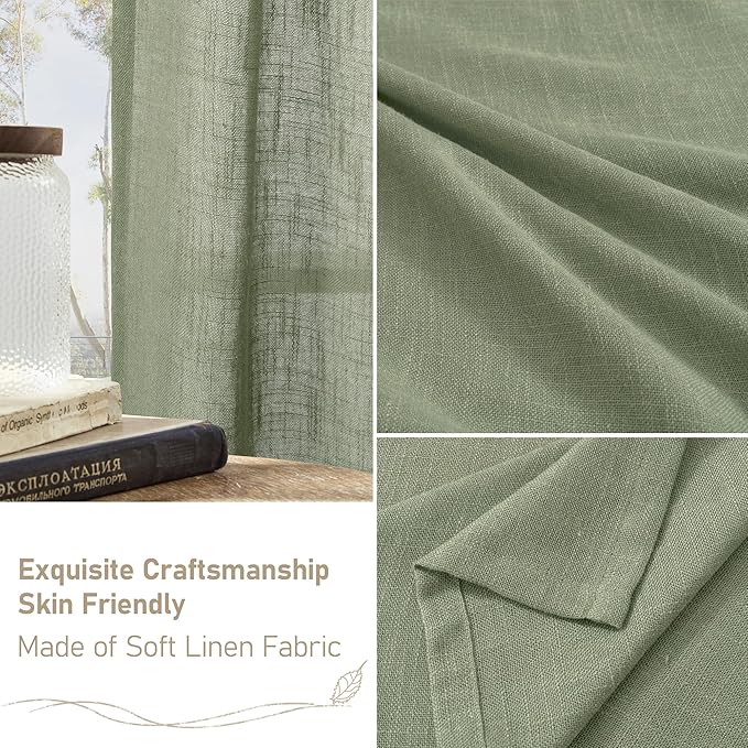 LAMIT Sage Green Linen Curtains 63 Inch for Bedroom, Light Filtering Neutral Semi Sheer Window Curtains Back Tab and Rod Pocket Christmas Panels, 2 Panels, 52 x 63 Inch
