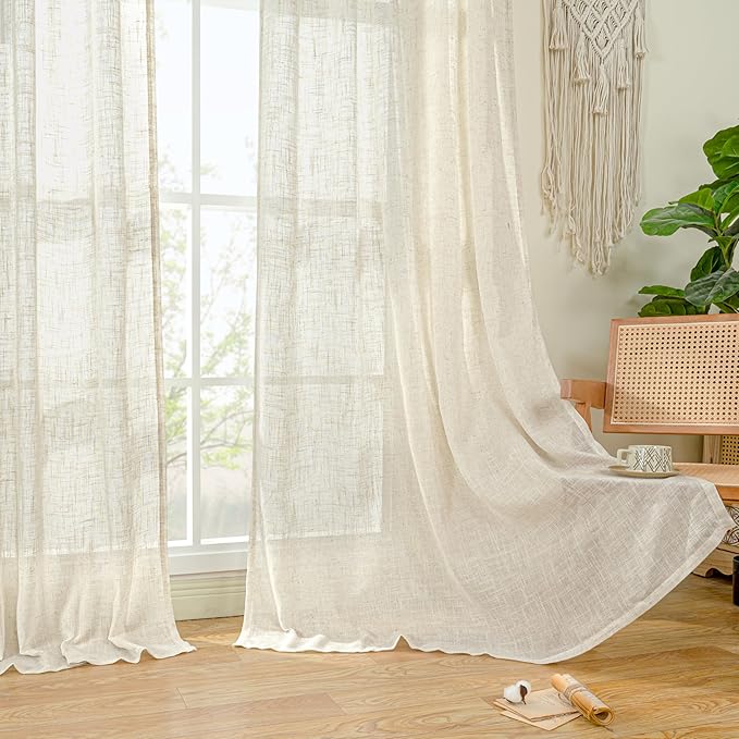 LAMIT Natural Linen Semi Sheer Curtains 45 Inch, Light Filtering Neutral Window Curtains for Bedroom Farmhouse Boho Back Tab and Rod Pocket Panels, Natural Cream Ivory, 2 Panels, 38 x 45 Inch