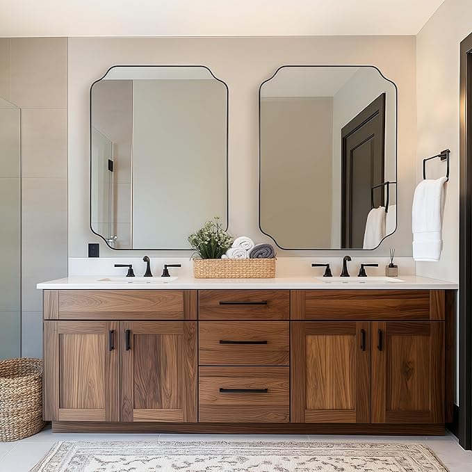 Black Scalloped Bathroom Mirrors for Wall, 30"x40" Unique Rounded Notched Corner Rectangle Mirrors for Bathroom in 1'' Metall Frame Wall Mounted Vertically/Horizontally for Home Decor
