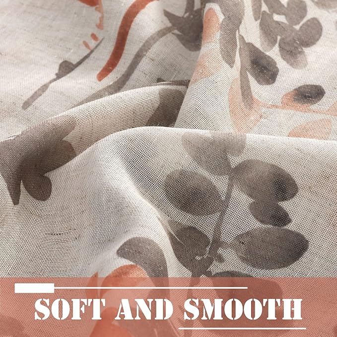 H.VERSAILTEX Linen Sheer Curtains for Living Room Sheer Panels 63 Inches Long Light Filtering Tab Top Window Treatment Drapes for Bedroom, 2 Panels, Vintage Classical Floral Print Coral and Taupe