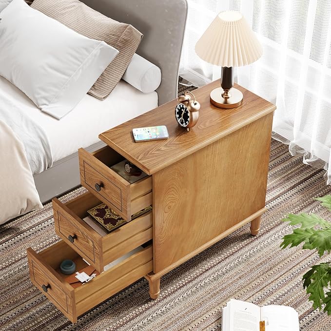 Tribesigns Solid Wood End Table, Fully Assembled Narrow Side Table with Drawers, Pre-Assembled Nightstand Slim Bedside Table for Small Spaces, Living Room, Bedroom